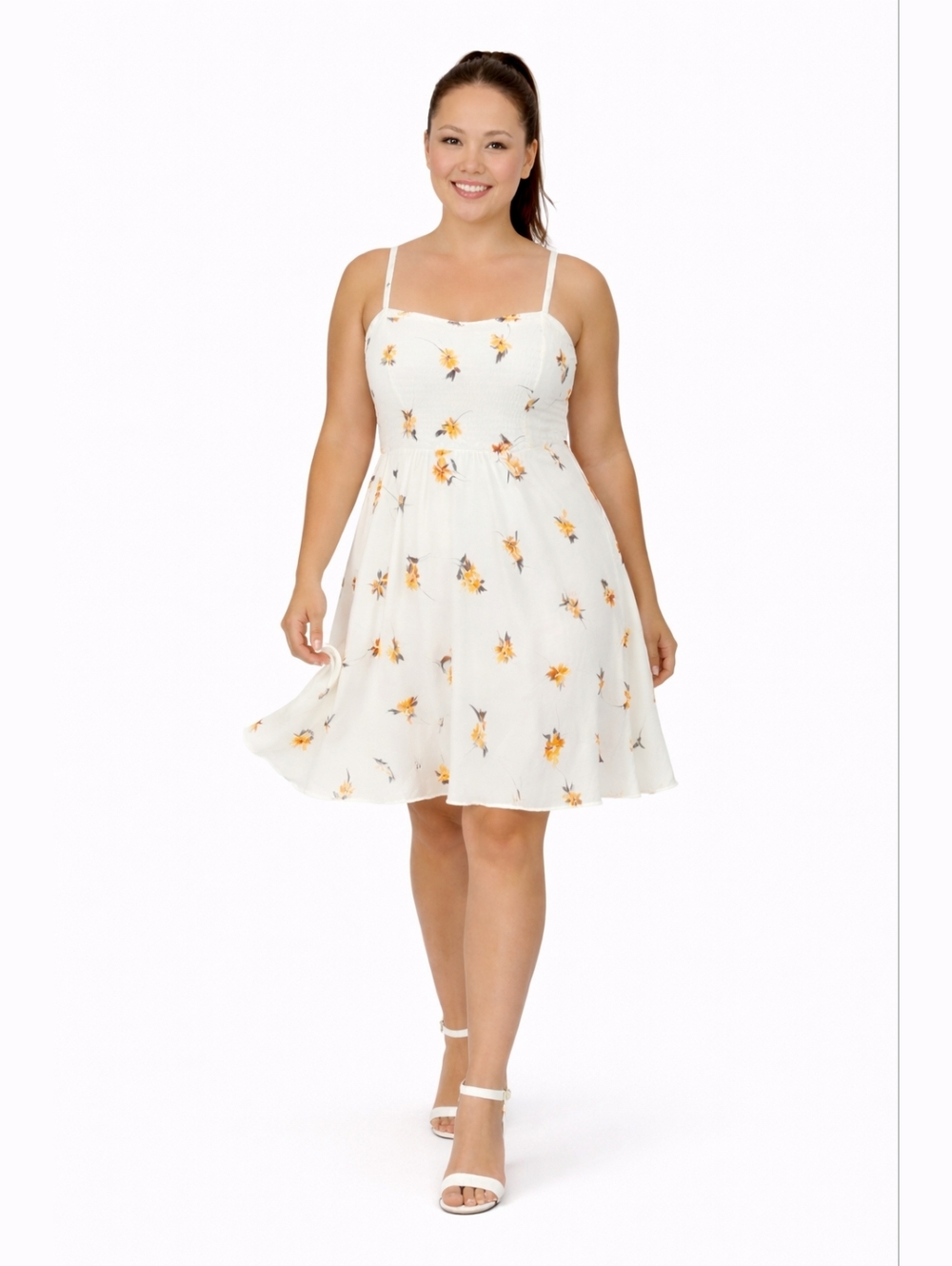Torrid 1X Ivory Floral Rayon Fit & Flare Babydoll Skater Dress Adjustable Straps